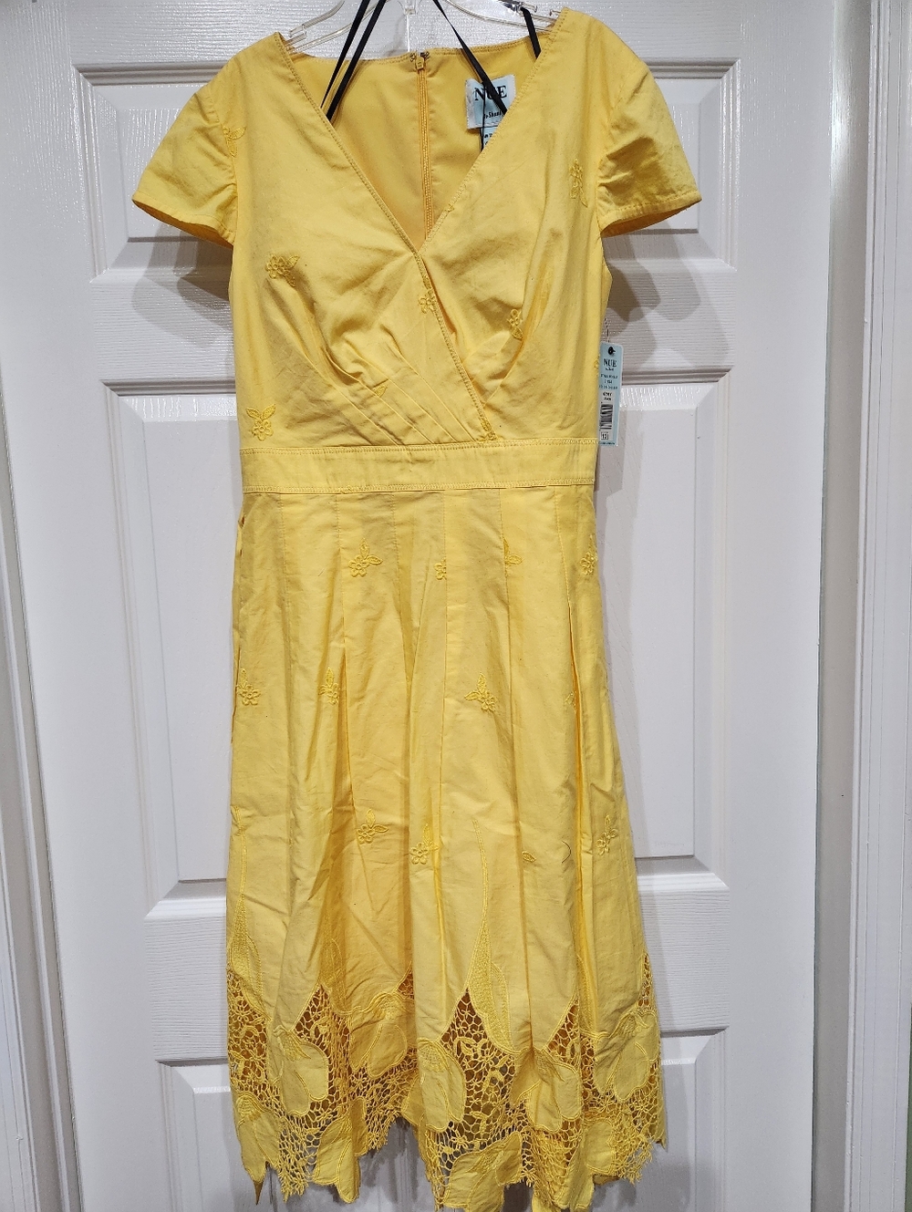 Nue by Shani Yellow Embroidered Lace-Hem Midi Dress